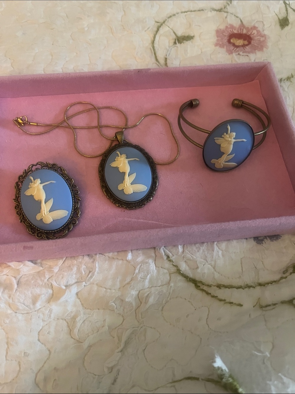 Blue Cameo Pendant Necklace, Brooch and Bracelet Set